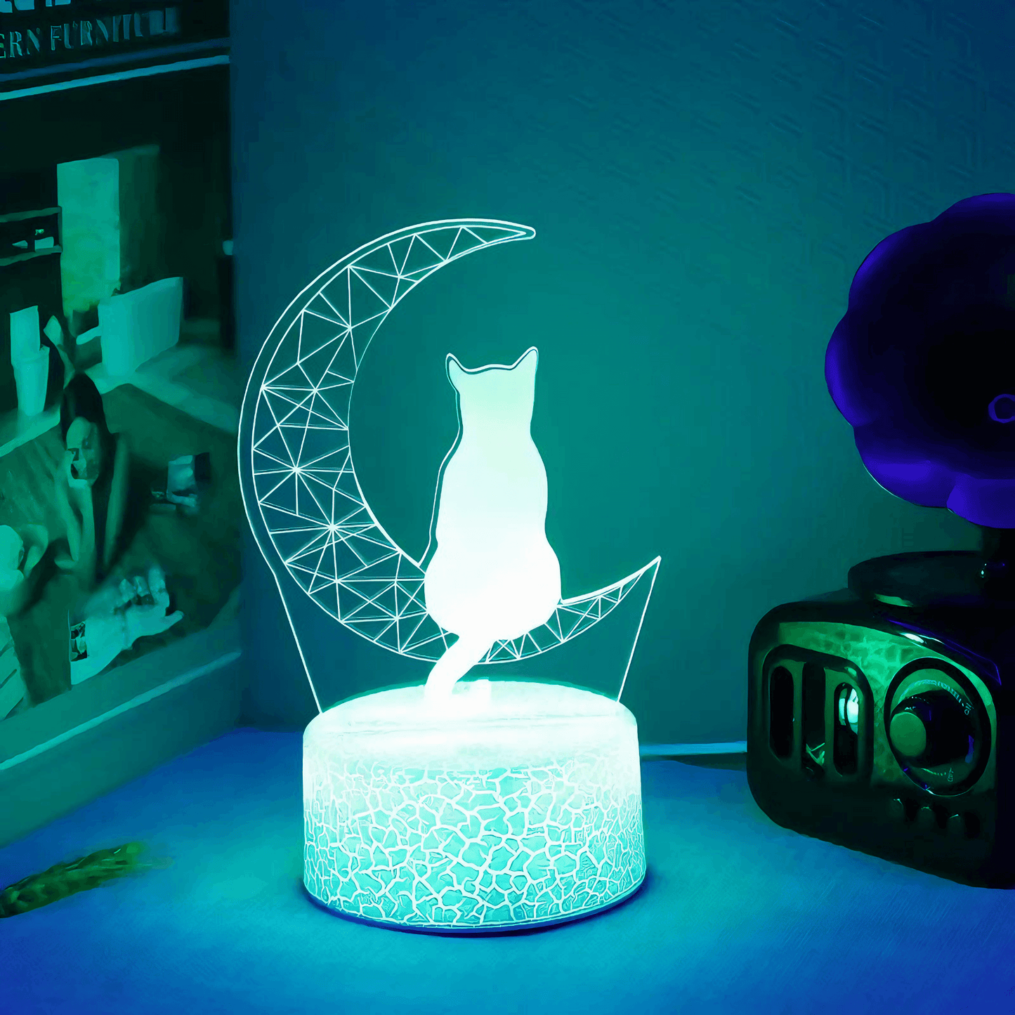 Light grace cute Moon Cat 3D Lamp - Black base