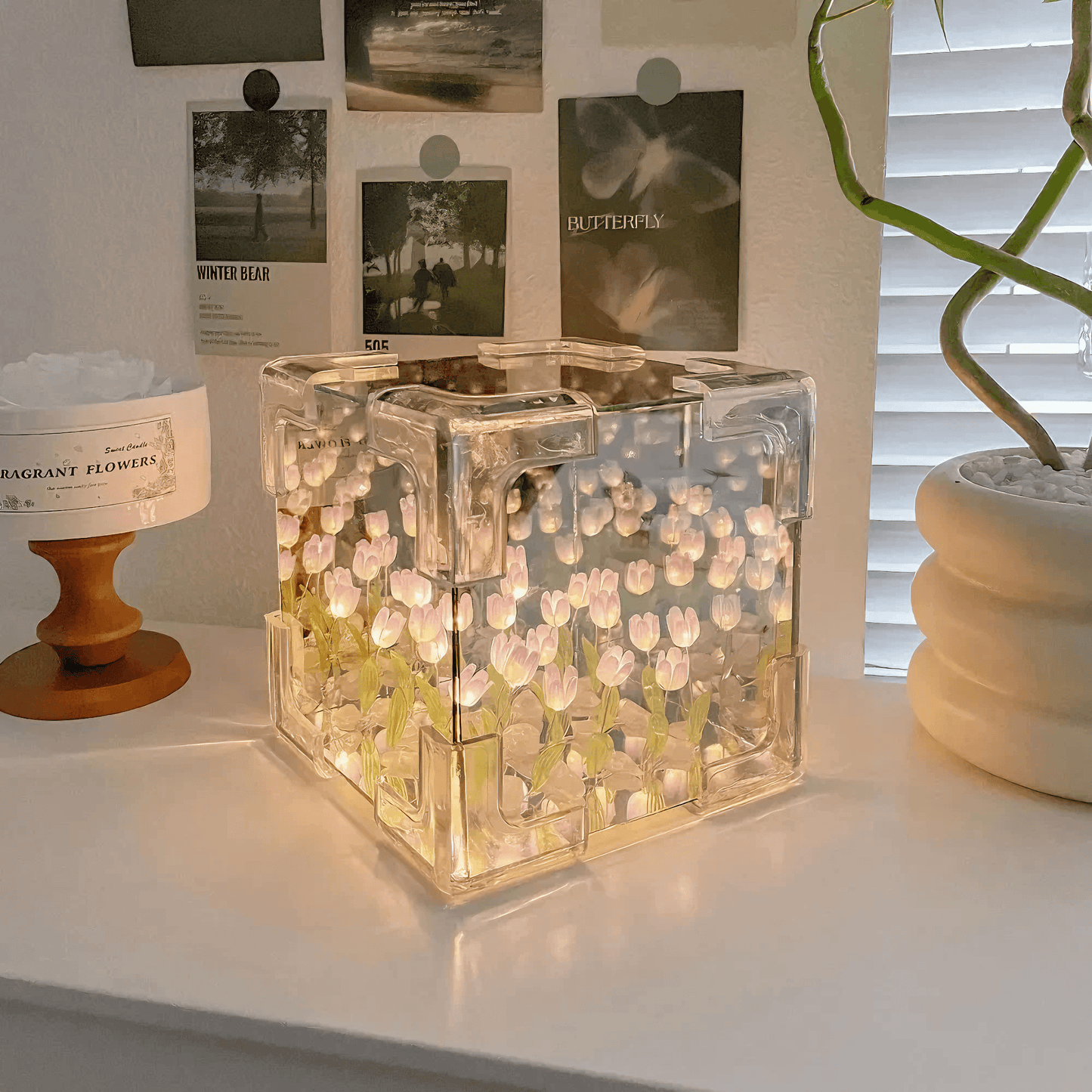Tulips Cube Mirror Lamp - Pink from Light grace