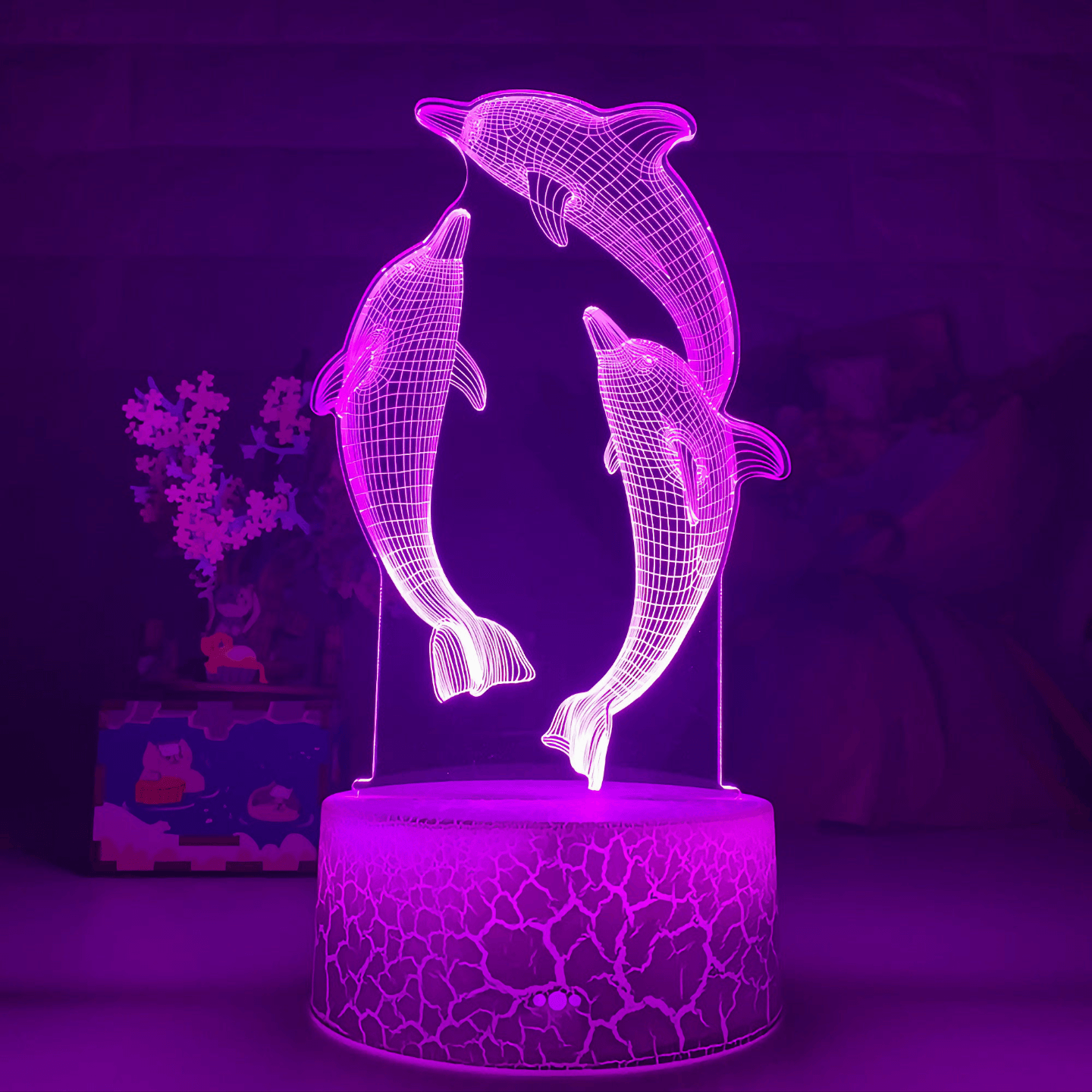 Light grace Dolphins 3D Lamp glowing in dark room